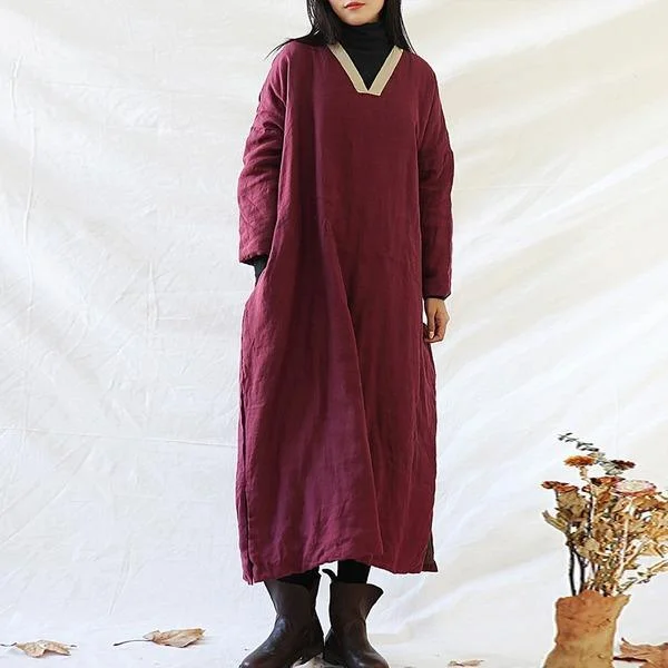 Women Warm Linen Winter Parkas V-NeckPatchwork Women Vintage Parkas Cozy Faux Fur Parka