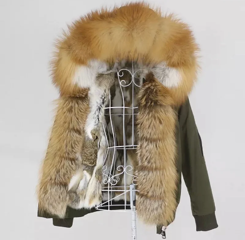Women's Fox Fur Short Parka in Green Waterproof Snowproof Parka Jacket
