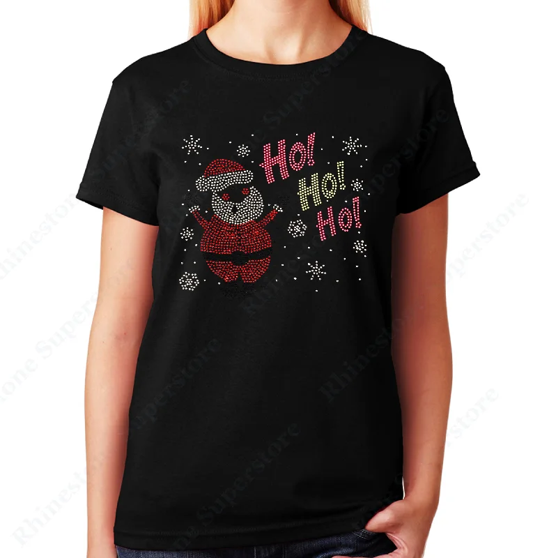 Women's / Unisex T-Shirt with Santa with Ho Ho Ho in Rhinestones Zippered Front Buttoned Front Snap Front