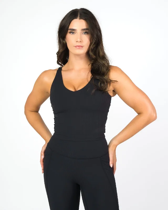 Shakti Ribbed Tank (Mid-Length)  - Black solid color tank